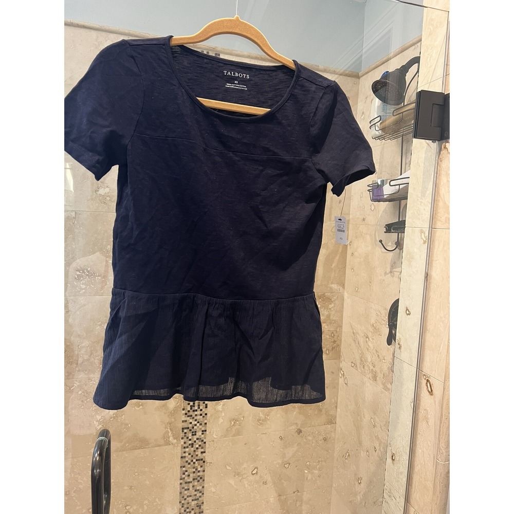 Talbots Women Nautical Navy Blue Peplum Short Sleeve Top XS New NWT 340492